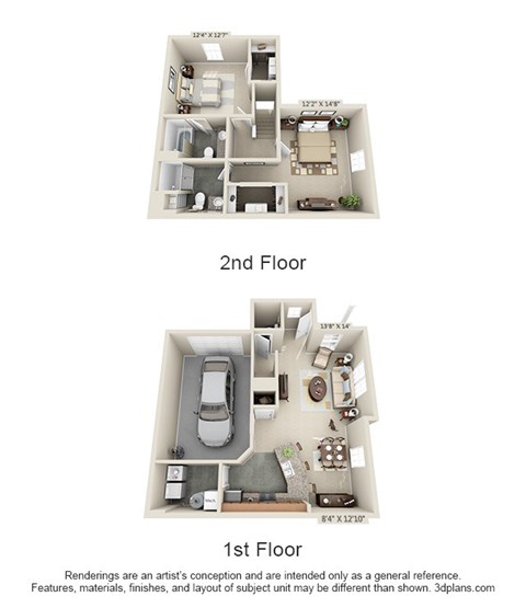 Floor plan for 2 beds, 2.5 baths, 1240 sqft